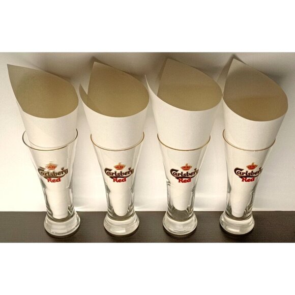 Carlsberg Red  Danish Beer Glasses Gold Rimmed Pilsner 8" set of 4 - Picture 4 of 5